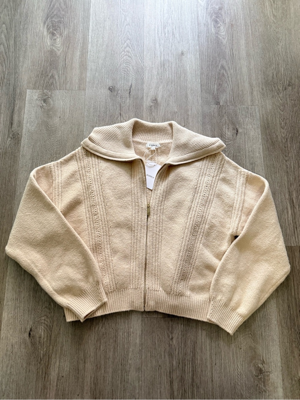 z supply silverlake cream collared zip front knit sweater cardigan jacket small